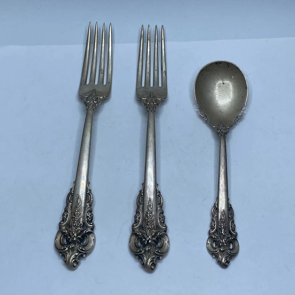 Cuchara y tenedor barroco Wallace de plata de ley 3 piezas 203,1 g Foto 1 de 4