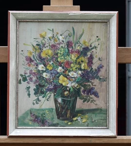 Vintage Oil Painting – Colorful Floral Still Life In Vase, Framed Artwork - Picture 1 of 2