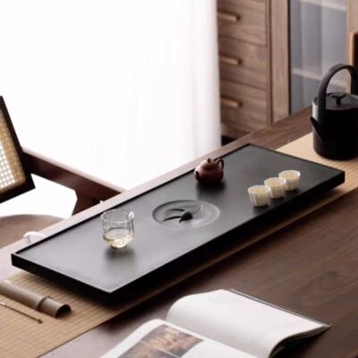 Bandeja de té china de piedra negra patrón simple bandeja para servir drenaje de agua hecha a mano Foto 1 de 4