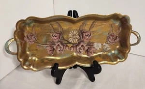 Vtg. Silverplate Footed Tray Handpainted Base & Handles w/Floral Transfers Added - Picture 1 of 8