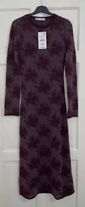 ZARA BURGUNDERROT BLUMENDRUCK METALLFADEN JACQUARD MIDI STRICKKLEID GRÖSSE S NEU MIT ETIKETT - Bild 1 von 10