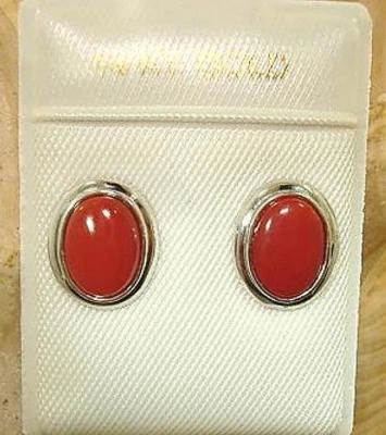 PENDIENTES POSTES ORO BLANCO 14K SÓLIDO CORAL ROJO OVALADO NATURAL GENUINO 6X8 MM #3 Foto 1 de 4