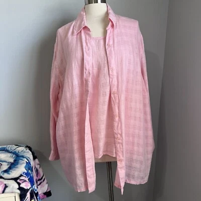 Sag Harbor Women's Size 2X Pink 100% Linen Button Front and Attached Tank Set - Image 1 of 4