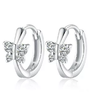 Moissanite Earrings Pierced Baby Girl 10K Solid White Gold Butterfly Hoop Clear - Picture 1 of 7