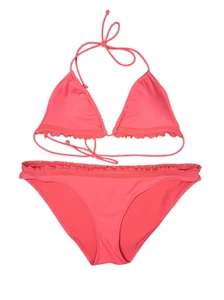 Aerie Women’s Medium Bikini Two Piece Swimsuit Pink Ruffle Trim Halter Top NEW - Picture 1 of 8