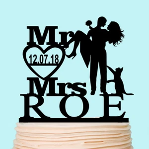 Groom Holding Bride Wedding Cake topper Silhouette Personalised with Cats Dogs - Picture 1 of 6