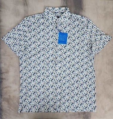 Bugatchi Classic Blue Floral 8 Way Stretch Knit Cotton Tech Shirt Men's Medium  - Image 1 of 4