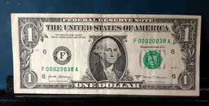 Low Serial number Fancy Serial Number One Dollar bill F 00020038 A - Picture 1 of 2