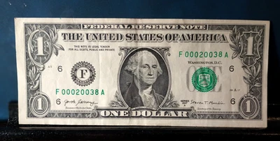 Low Serial number Fancy Serial Number One Dollar bill F 00020038 A - Image 1 of 2