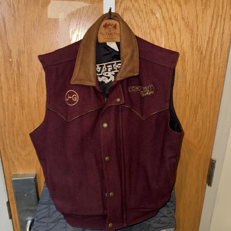 Colete de lã Schaefer Outfitter colarinho de couro masculino M feito nos EUA estilo cowboy 715 - Imagem 1 de 4