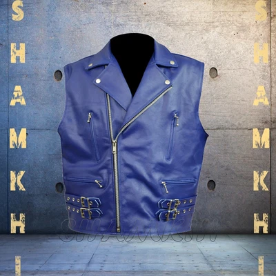 Men's Blue Cowhide Leather Motorcycle Vest Biker Side Belts Street Lapel Vests - Image 1 of 3