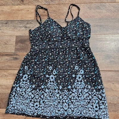 L.E.I. Floral Print Empire Waist Cotton Cami Top Medium Y2K Black Blue Smocked - Image 1 of 4