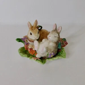 FITZ AND FLOYD Halcyon Bunny Rabbit Salt Pepper Shakers Floral Under Tray Easter - Picture 1 of 11