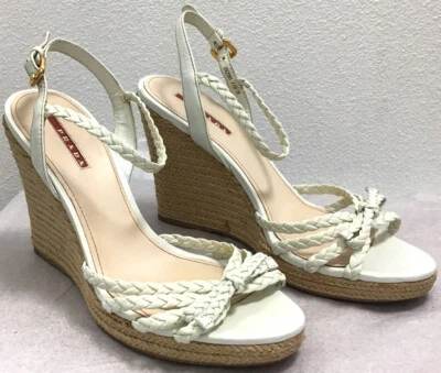 Sandalia de cuña de cuero trenzado con tiras blancas Prada talla 39 Foto 1 de 4