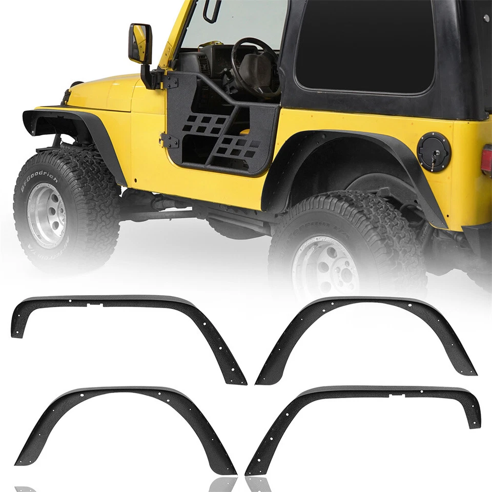 4pcs Matte Black Steel Front Rear Flat Fender Flares for 97-06 Jeep Wrangler TJ