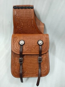 Beautiful Tooling Carving Leather Western Saddle Bag For Horse Free Shipping - Picture 1 of 6