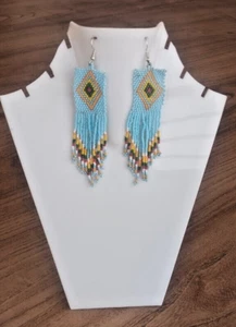 Tribal Earrings Native Large Boho American Seed Beads Handmade Earring - Picture 1 of 2
