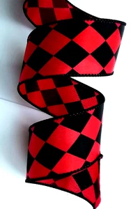 Red Black Harlequin 1.5" by 3 yd Diamond Dan Wired Ribbon Court Jester Christmas - Picture 1 of 5