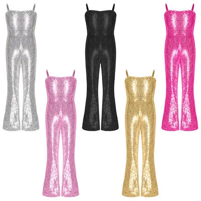Girls Jumpsuit Jazz Bodysuit Gymnastics Leotard Sequins Kids Shiny Costume Role - Image 1 of 4