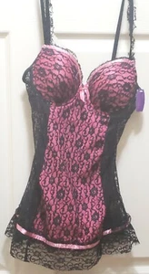 Just Sexy Lingerie Set Babydoll & Panty Medium Pink Black Lace Underwire New - Picture 1 of 12