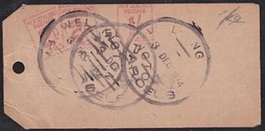 NEW ZEALAND 1934 1/- & 2d(2) Paid red meter on parcel tag ex Wellington...A6936 - Picture 1 of 2