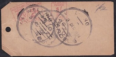 NEW ZEALAND 1934 1/- & 2d(2) Paid red meter on parcel tag ex Wellington...A6936 - Image 1 of 2