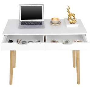 39.4"White Writing Desk Small Computer Office Vanity Table W/2 Drawers Wood Legs - Picture 1 of 12