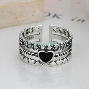 Vintage Heart Linked Adjustable Ring 925 Sterling Silver Women Jewellery NEW - Picture 1 of 11