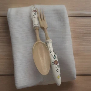 VTG MCM SALAD SET Floral PORCELAIN CERAMIC HANDLE WOOD SPOON & FORK - Picture 1 of 9