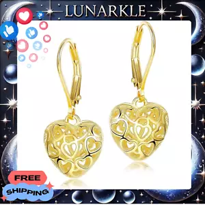 14K Gold Heart Dangle Drop Earrings for Women 925 Sterling Silver - Picture 1 of 6