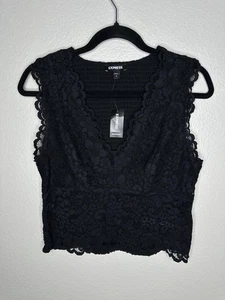 NEU Express Shirt Damen Medium schwarz Spitze Cropped Tank Top gesmokt V-Ausschnitt gefüttert - Bild 1 von 6