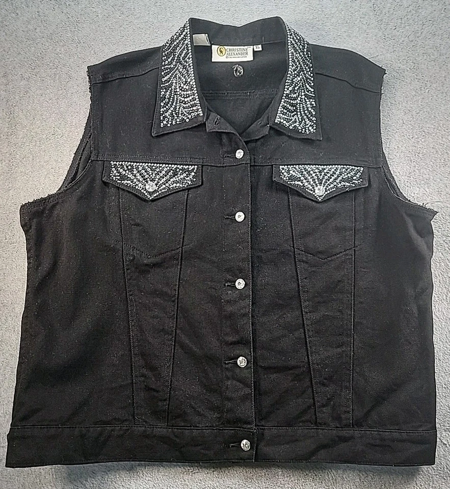 Chaleco Denim Vintage Christine Alexander Talla XL Negro Estrás Bling Foto 1 de 4