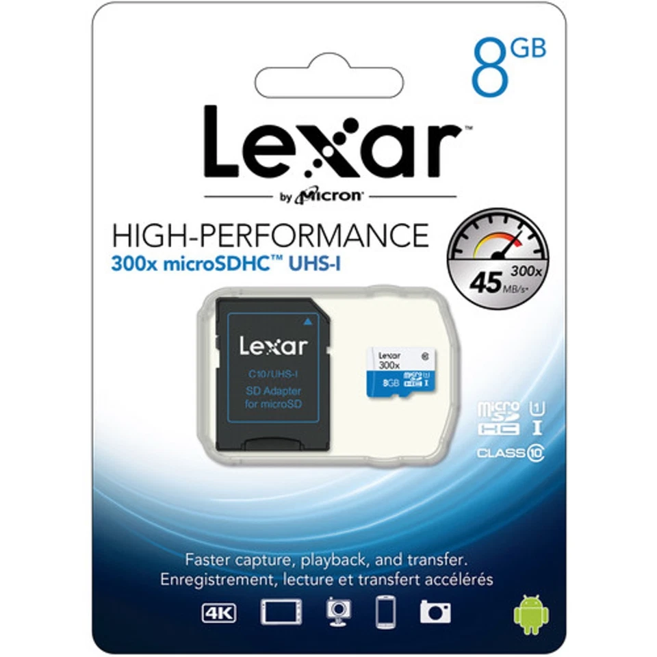 Lexar 8GB 300x micro SDHC UHS-I Class 10 Memory Card Flash Card LSDMI8GBBBNL300A - Image 1 of 1