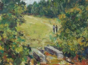 Art Orig. Oil Painting RM Mortensen "The Old Foot Bridge" Landscape People - Picture 1 of 1