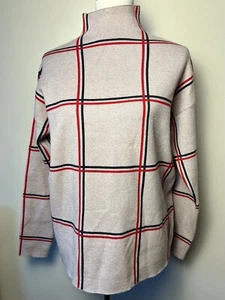 Tahari Women’s Large Mock Neck Beige Red Plaid Pullover Sweater Stretchy - Picture 1 of 9