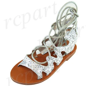 New girl's kids sandals Silver glitter comfort casual open toe summer lace up - Picture 1 of 10
