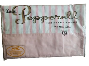 Vintage Lady Pepperell Full Flat 72" x 108" White Pink Stripe Percale Cotton NOS - Picture 1 of 2