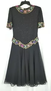 Maxi Vestido De Colección Lawrence Kazar Negro Cuentas Corpiño Cuentas Chifón Falda Talla Pequeña - Imagen 1 de 12