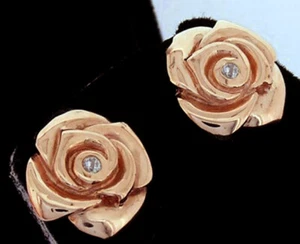 E068 Genuine 9ct SOLID Rose Gold NATURAL Diamond ROSES Bud Stud Earrings Flower - Picture 1 of 2