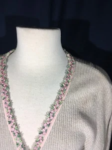 Elizabeth Liz Claiborne Open Front Cardifan Knit Sweater Rose Applique Sz 2 - Picture 1 of 7
