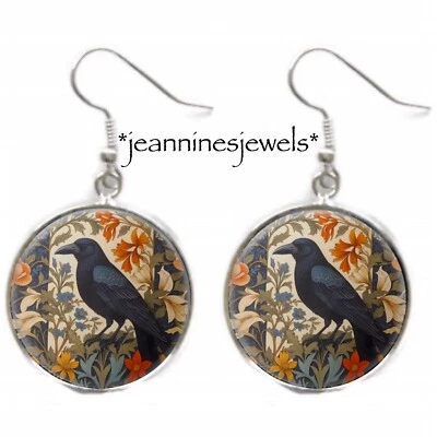 PENDIENTES Cuervo Pájaro Negro Cuervo Vintage Estampado Art Nouveau Plata Dije Cuelga Foto 1 de 4