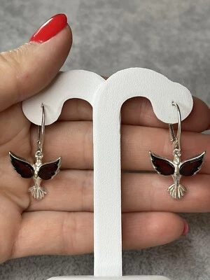 GENUINE BALTIC AMBER Earrings with Sterling Silver. Cherry Amber BIRD Earrings. - Image 1 of 4
