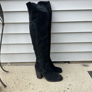 KELSI DAGGER Brooklyn Logan Boots Sz 8 Thigh High Black Suede Block Heel - Picture 1 of 9