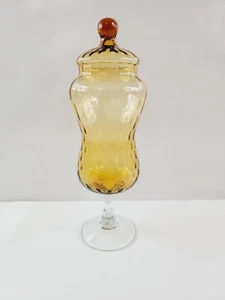 MCM Empoli Italy Amber Glass Apothecary Candy Jar Rippled Optic w/Lid Clear Base - Picture 1 of 10