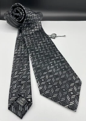 DANIEL DE FASSON Men's 100% TRIFOLD Silk Tie ~ Black ~ Geometric ~ Hand Made! - Image 1 of 4