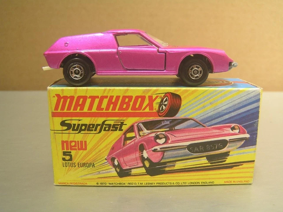 Matchbox Superfast MB5 Lotus Europa Purple with Thick Wheels Near Mint in Box - Image 1 of 4