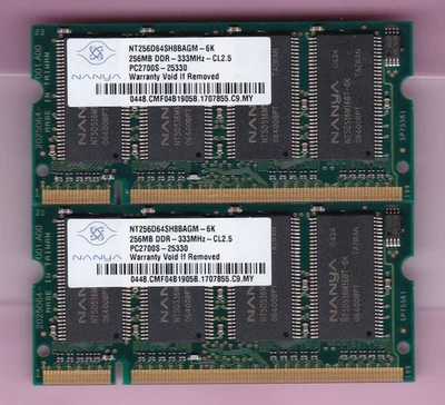 512MB 2x256MB PC-2700S DDR-333 NANYA NT256D64SH8BAGM-6K LAPTOP SODIMM Memory Kit - Image 1 of 2