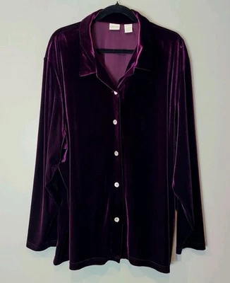 Vintage Velvet Top Deep Purple Button Down Shirt Holiday Jacket 26W 90s Grunge  - Image 1 of 4