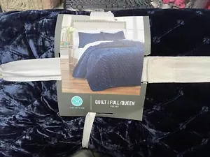 Martha Stewart Collection Diamond Tufted Blue Velvet Quilt, Full/Queen New - Picture 1 of 4