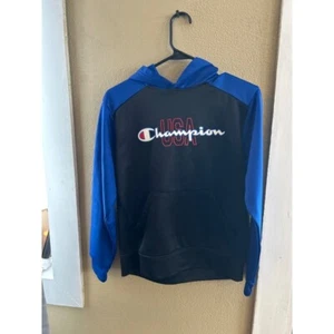 Champion USA Hoodie Pullover Sweatshirt Long Sleeve Black Blue Size boys 14/16 - Picture 1 of 1